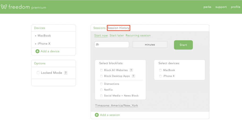 select session history